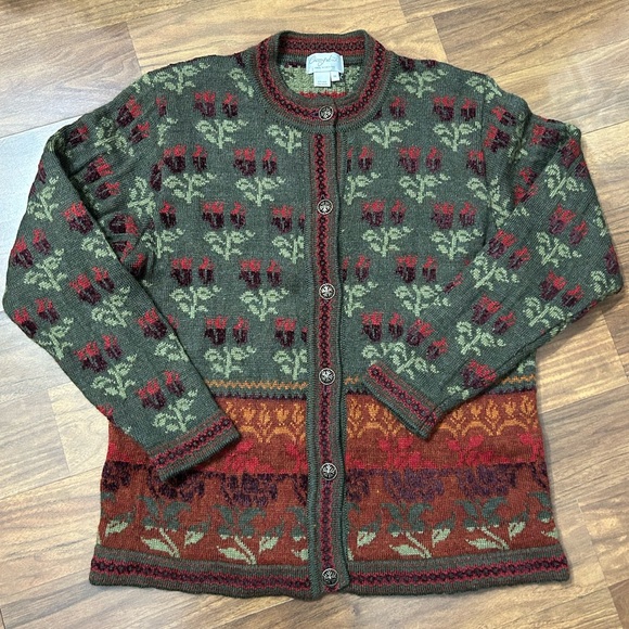 Vintage Cherry Lewis Women's M Wool Blend Floral Nordic Patter Cardigan Sweater - Picture 11 of 13